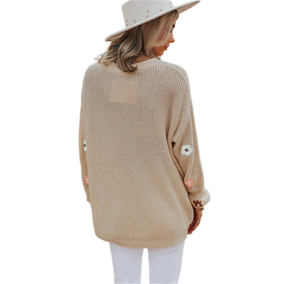 Hello Floral Embroidered Knit Loose Tan Sweater LC2724918