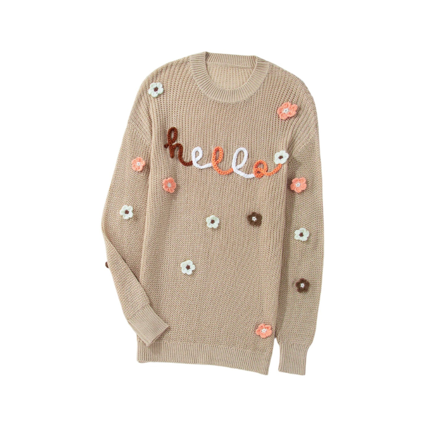 Hello Floral Embroidered Knit Loose Tan Sweater LC2724918
