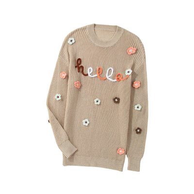 Hello Floral Embroidered Knit Loose Tan Sweater LC2724918