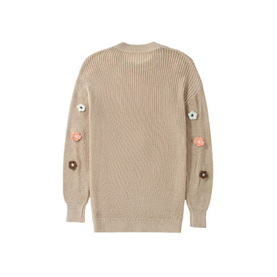Hello Floral Embroidered Knit Loose Tan Sweater LC2724918