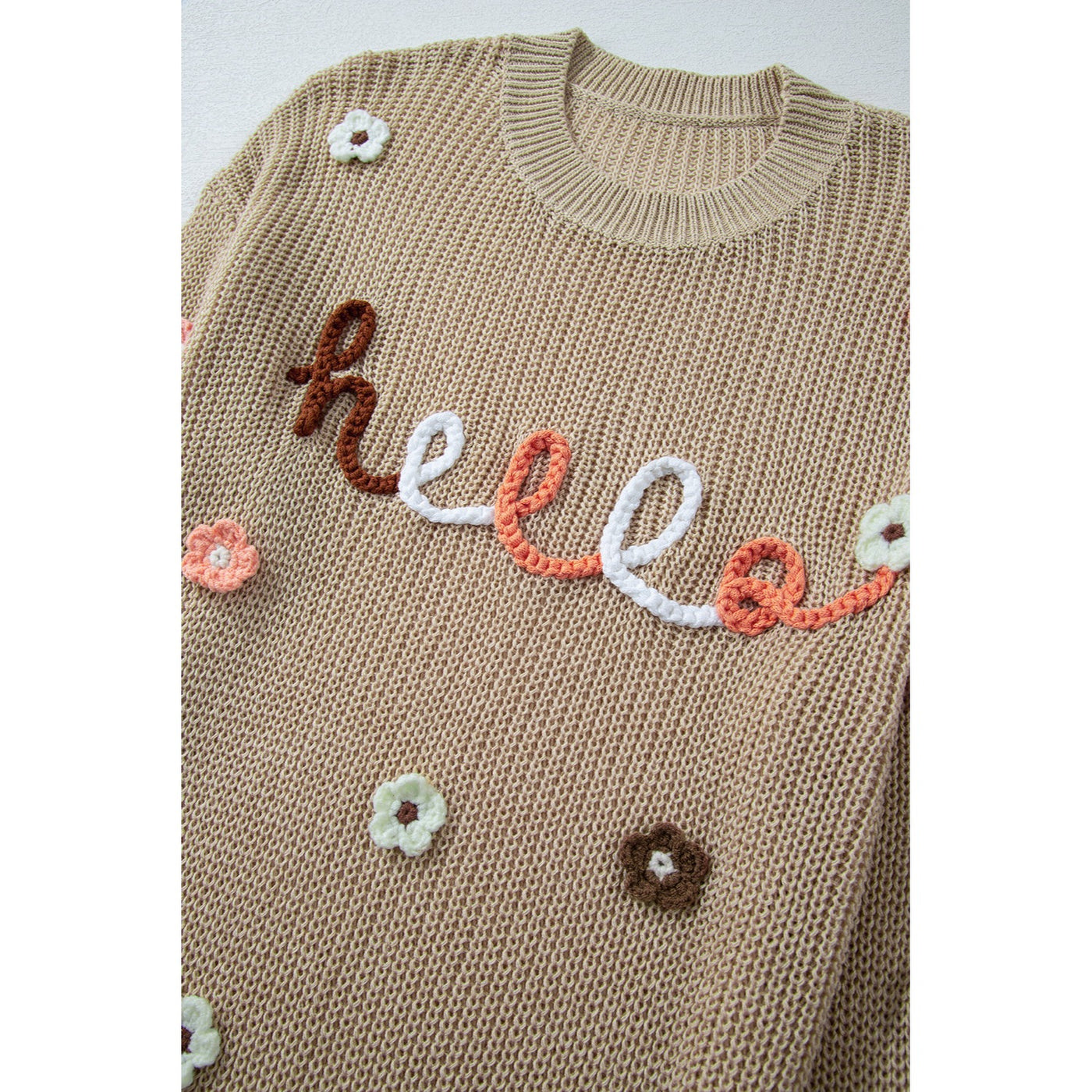 Hello Floral Embroidered Knit Loose Tan Sweater LC2724918
