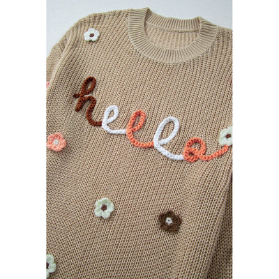 Hello Floral Embroidered Knit Loose Tan Sweater LC2724918