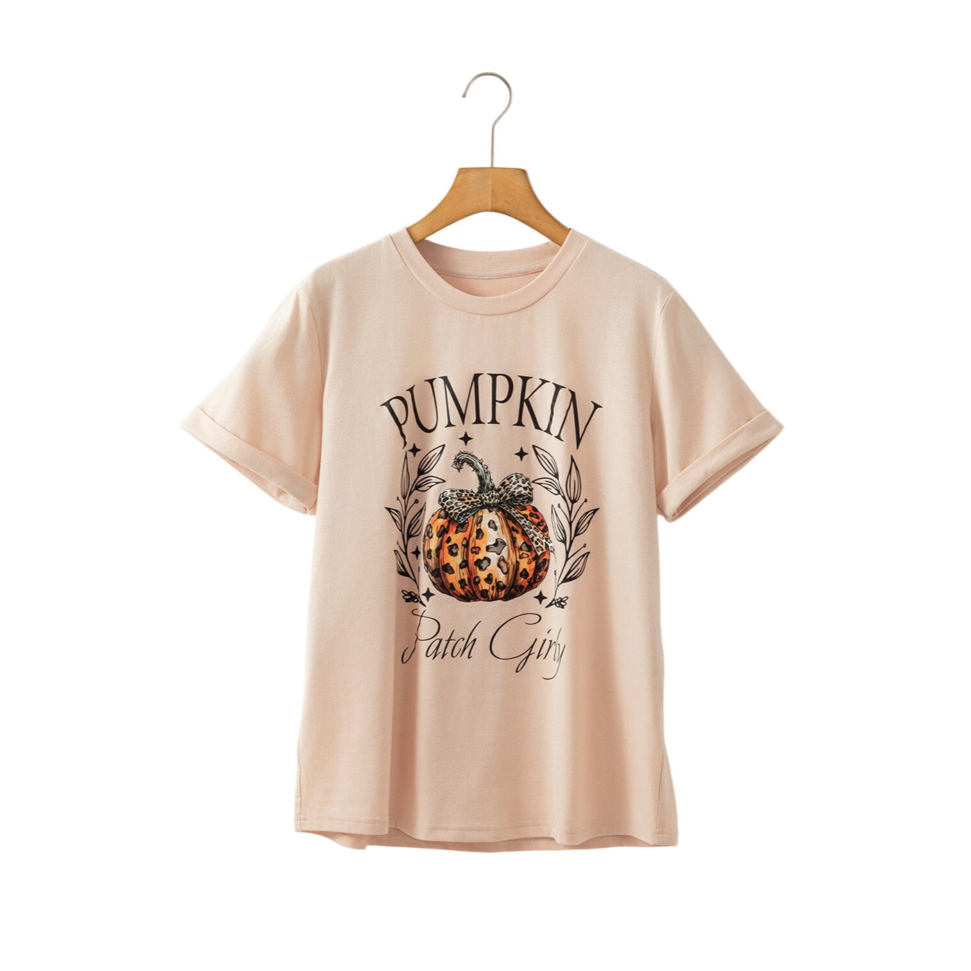 Khaki Pumpkin Patch Girly Leopard Bow Graphic T-Shirt LC25226480