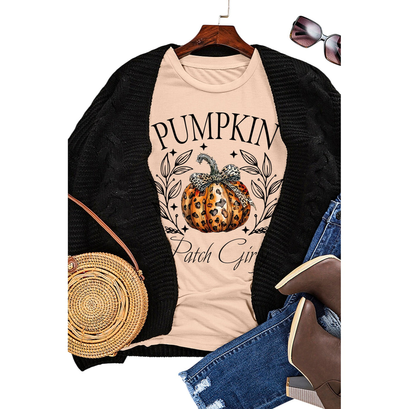 Khaki Pumpkin Patch Girly Leopard Bow Graphic T-Shirt LC25226480