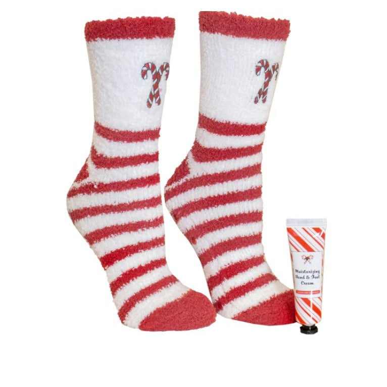 MinxNY Holiday Candy Cane Foot Care Set with Slipper Socks and Lavender Lotion