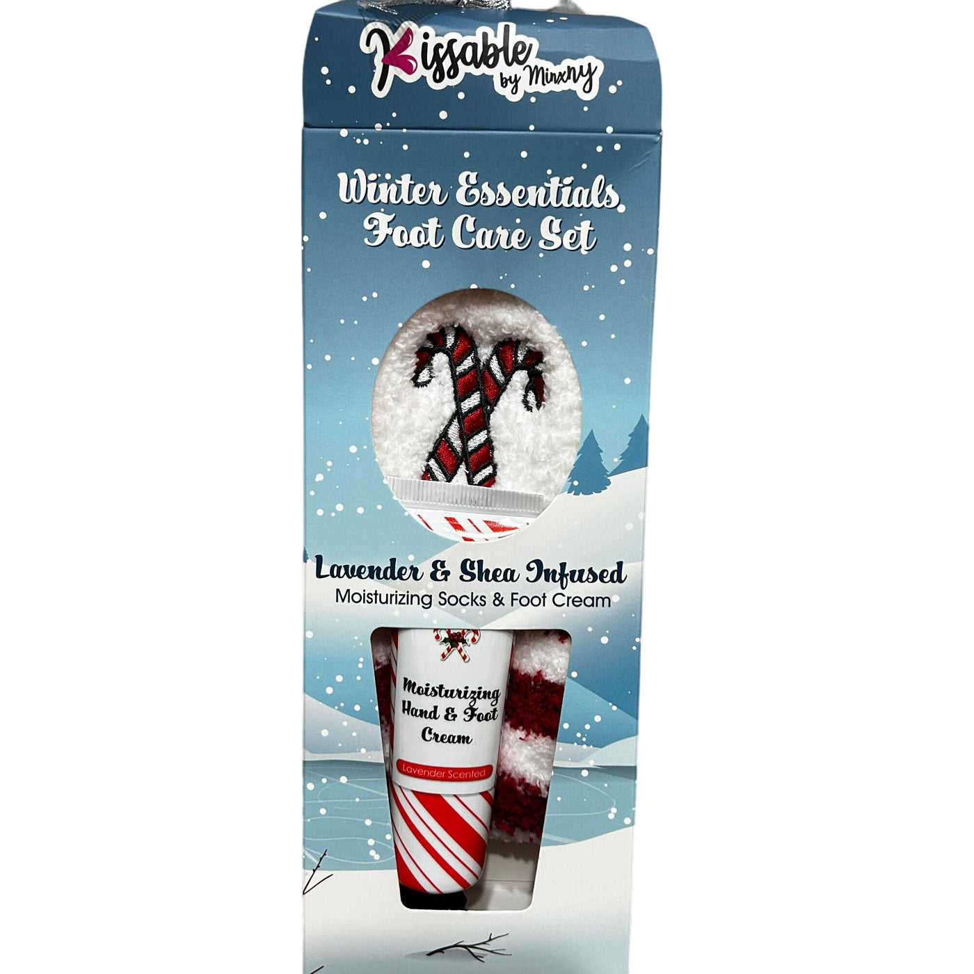 MinxNY Holiday Candy Cane Foot Care Set with Slipper Socks and Lavender Lotion