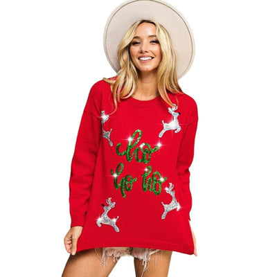 BIBI Red Christmas Sweater with Rudolph and HO HO HO Sequin Embroidery IP5685G-11