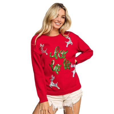 BIBI Red Christmas Sweater with Rudolph and HO HO HO Sequin Embroidery IP5685G-11