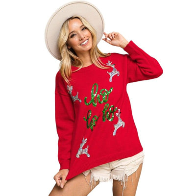 BIBI Red Christmas Sweater with Rudolph and HO HO HO Sequin Embroidery IP5685G-11