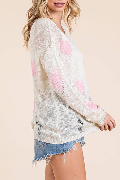 Kori Pink Distressed Heart Light Weight Sweater C5348RE