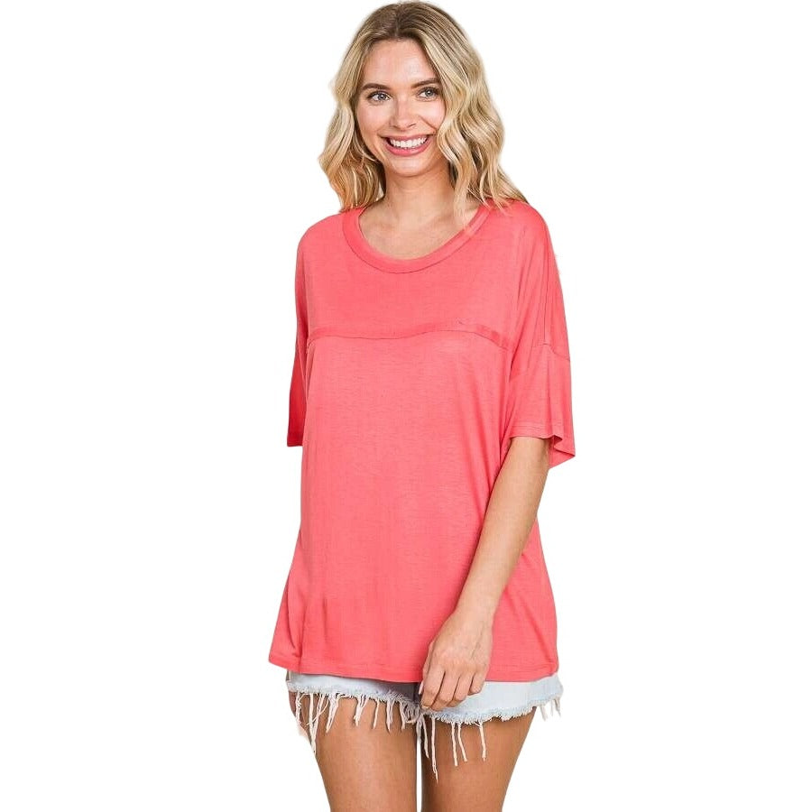 Culture Code Pink Crew Neck Exposed Yoke Seam Short Sleeve Boxy Top CAY1646