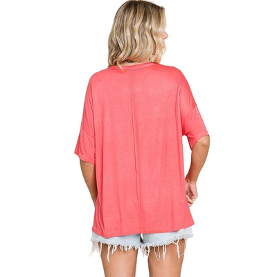 Culture Code Pink Crew Neck Exposed Yoke Seam Short Sleeve Boxy Top CAY1646