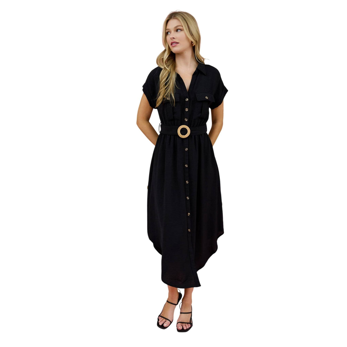 Blu Pepper Collared Button Down Belted Midi Dress CR2250