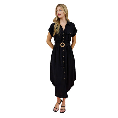 Blu Pepper Collared Button Down Belted Midi Dress CR2250