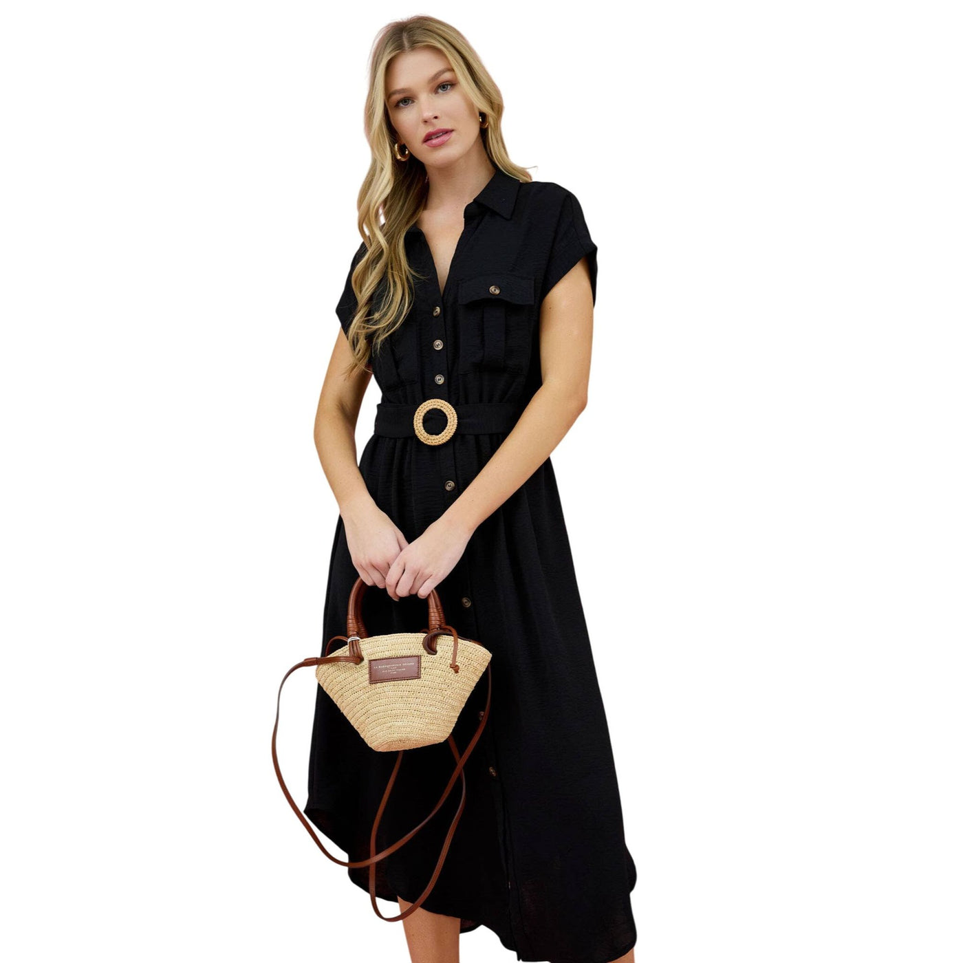 Blu Pepper Collared Button Down Belted Midi Dress CR2250