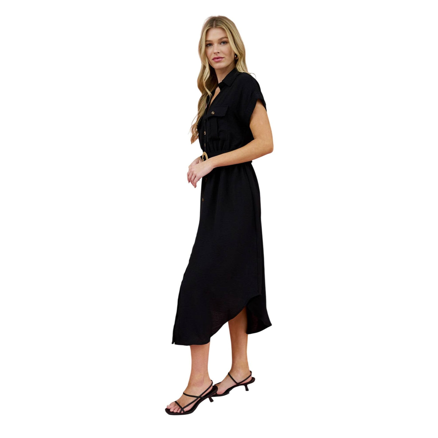 Blu Pepper Collared Button Down Belted Midi Dress CR2250 Black / Medium
