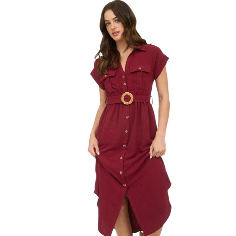 Blu Pepper Collared Button Down Belted Midi Dress CR2250 Black / Medium