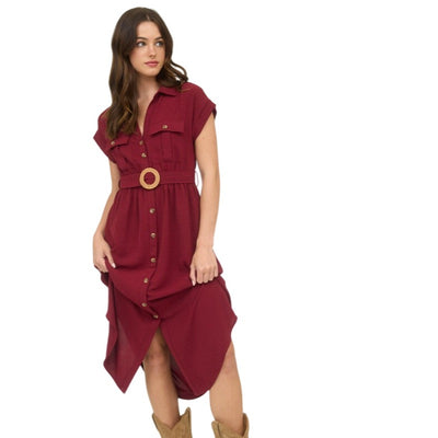 Blu Pepper Collared Button Down Belted Midi Dress CR2250