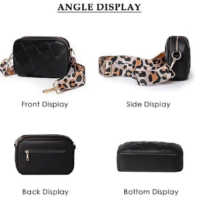 Black Leather Crossbody Shoulder Bag with Leopard Print Strap U-234