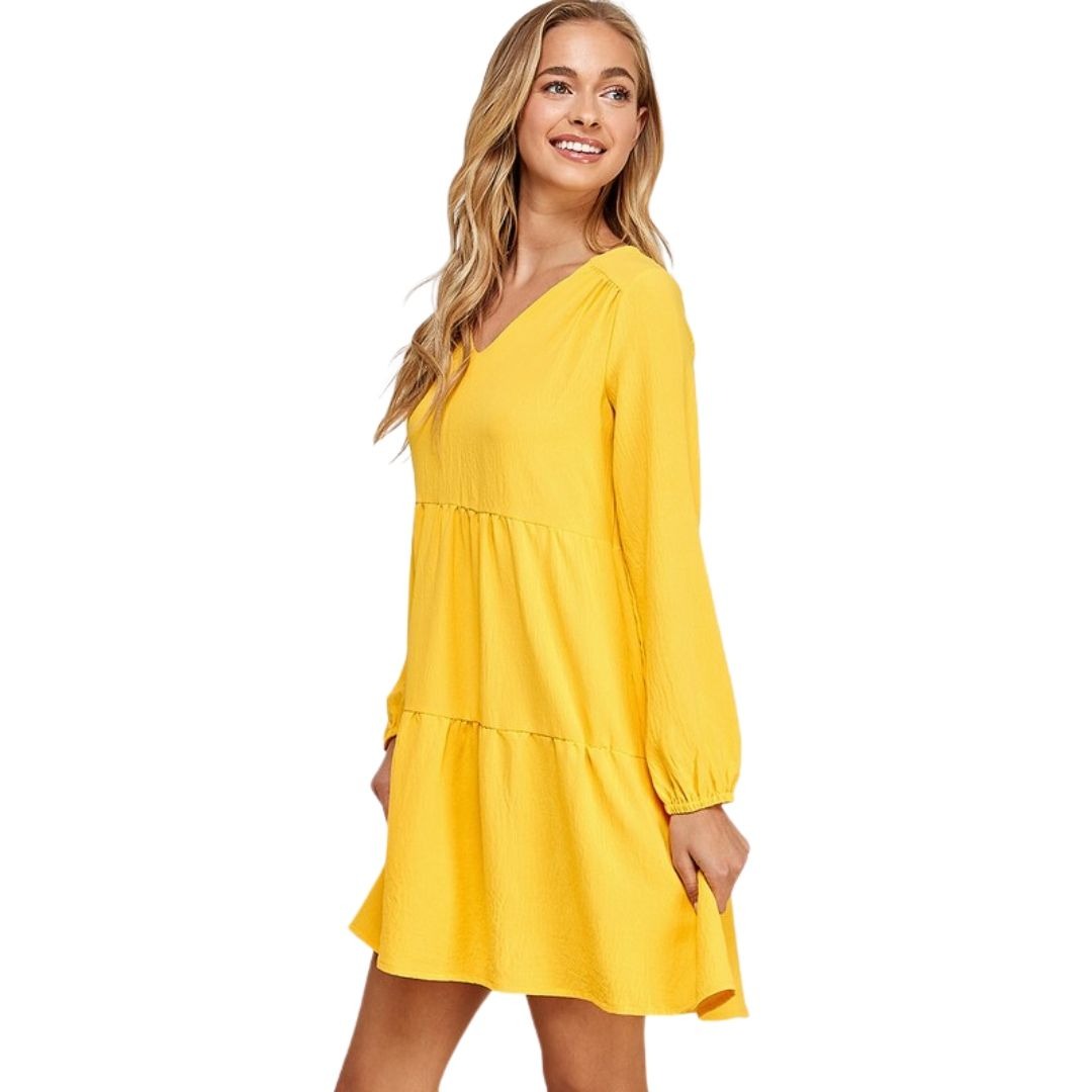 Two Hearts Yellow Long Sleeve V-Neck Flowy Tiered Mini Dress D3890-YELLOW