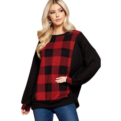 Buffalo Plaid Melange Relaxed Fit Tunic Top ETK-8321-GJ