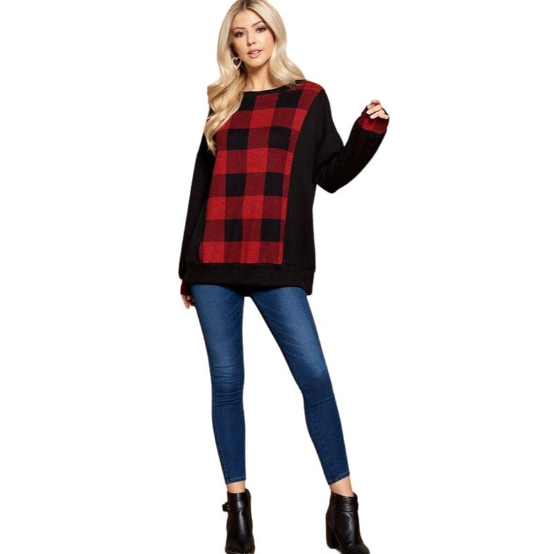 Buffalo Plaid Melange Relaxed Fit Tunic Top ETK-8321-GJ