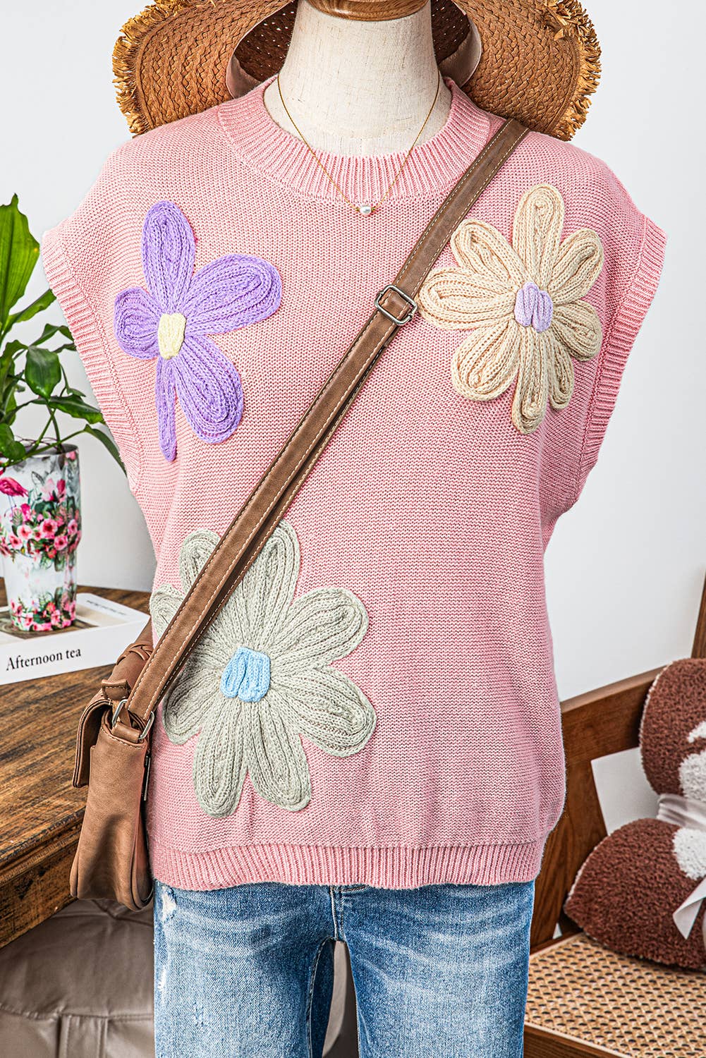 White or Pink Short Sleeve Sweater Crochet Flower Knit Tops