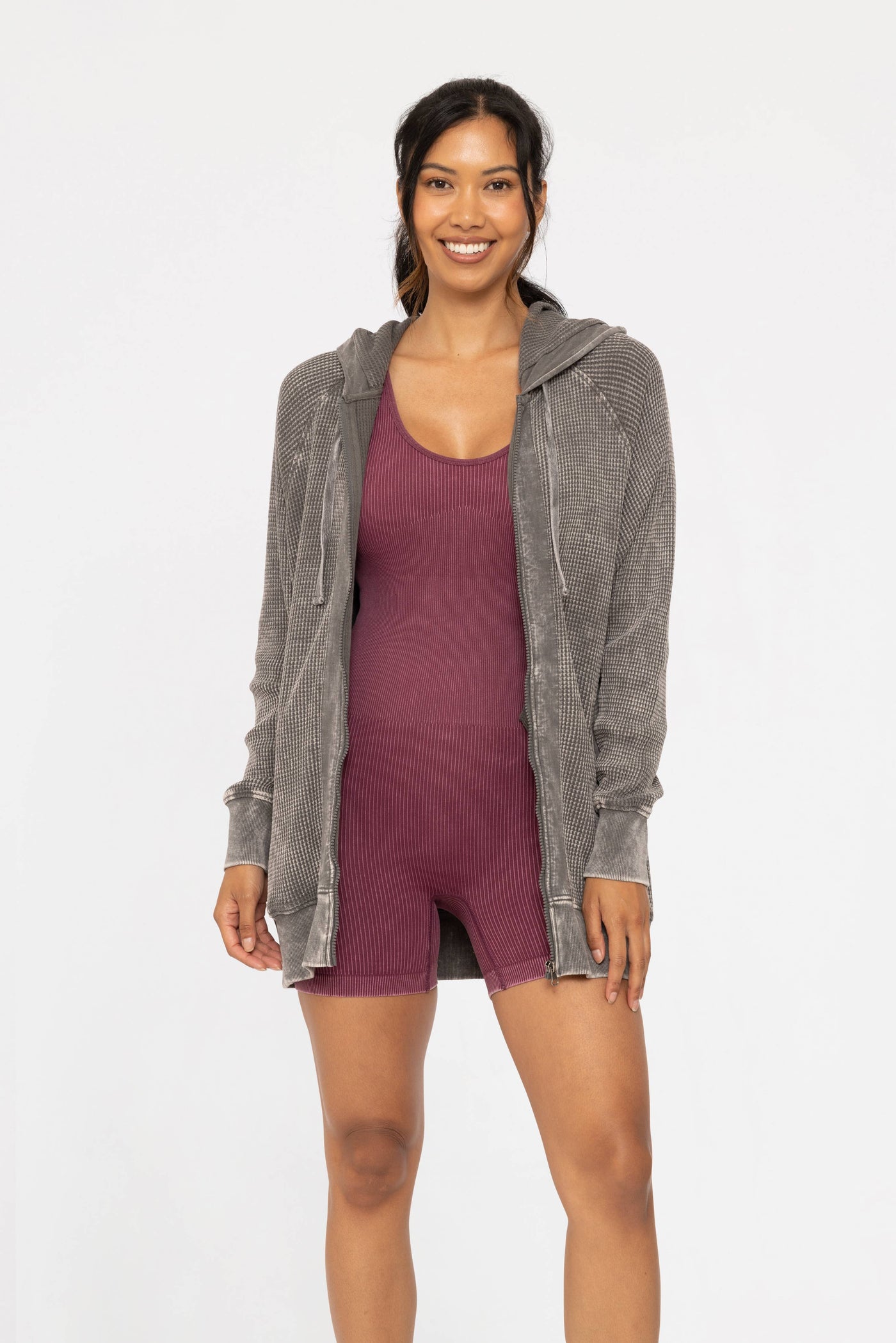 Mono B Oversized Mineral-Washed Zip-Up Hooded Jacket KJ12071