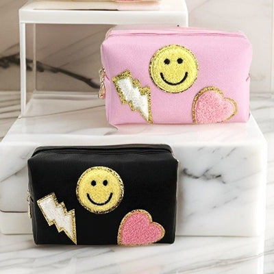 Zenana Black Preppy Happy Face Patch Makeup Cosmetic Bag U-220