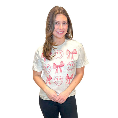 Pink Smiley Face Bow Graphic Short Sleeve T-Shirt SBGSST-NATURAL