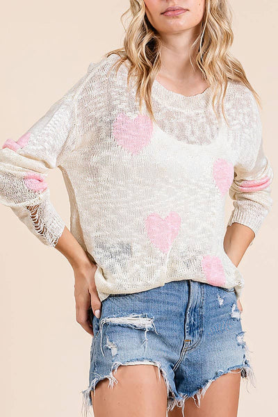 Kori Pink Distressed Heart Light Weight Sweater C5348RE