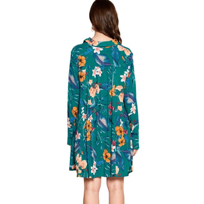 ODDI Teal Long Sleeve Floral Print Collared V-Neck Mini Dress ID12295