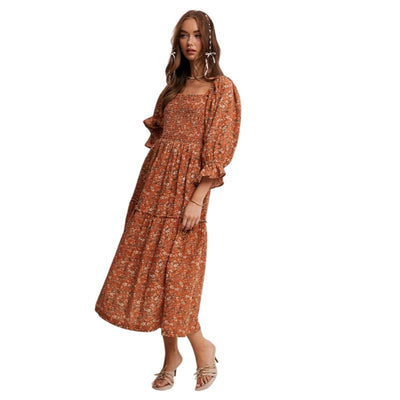 Listicle Floral Tiered Teal or Rust Midi Dress LD1477