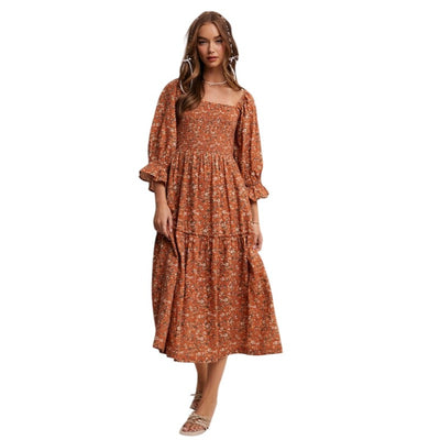 Listicle Floral Tiered Teal or Rust Midi Dress LD1477