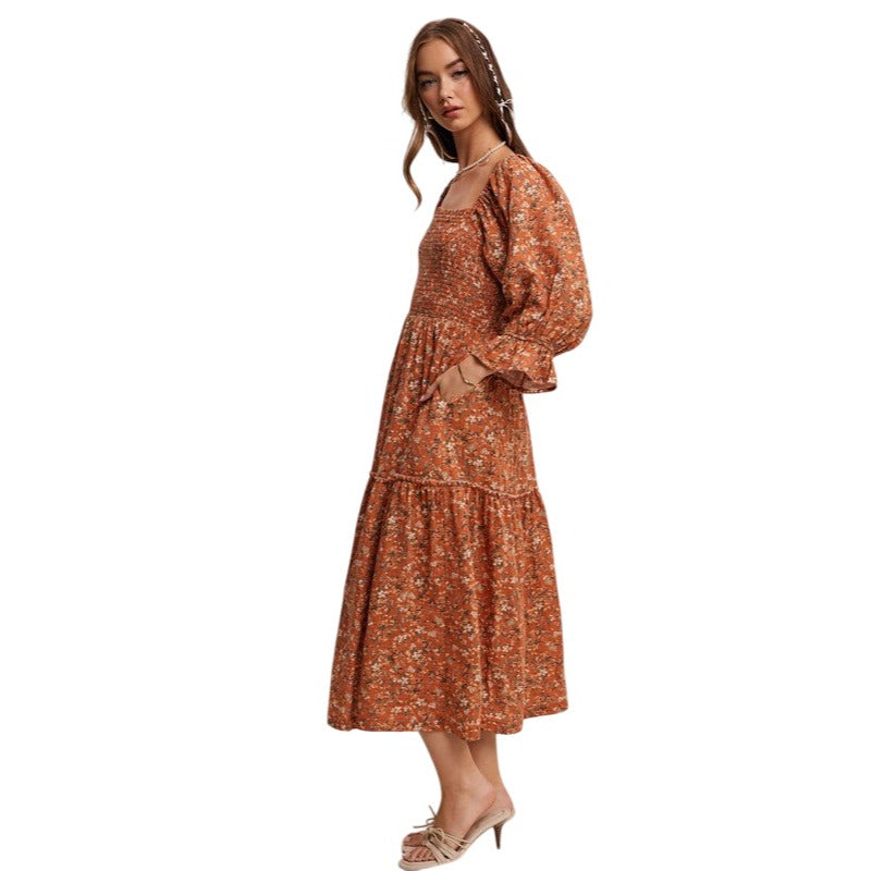 Listicle Floral Tiered Teal or Rust Midi Dress LD1477