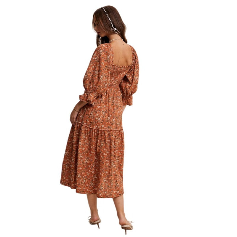 Listicle Floral Tiered Teal or Rust Midi Dress LD1477