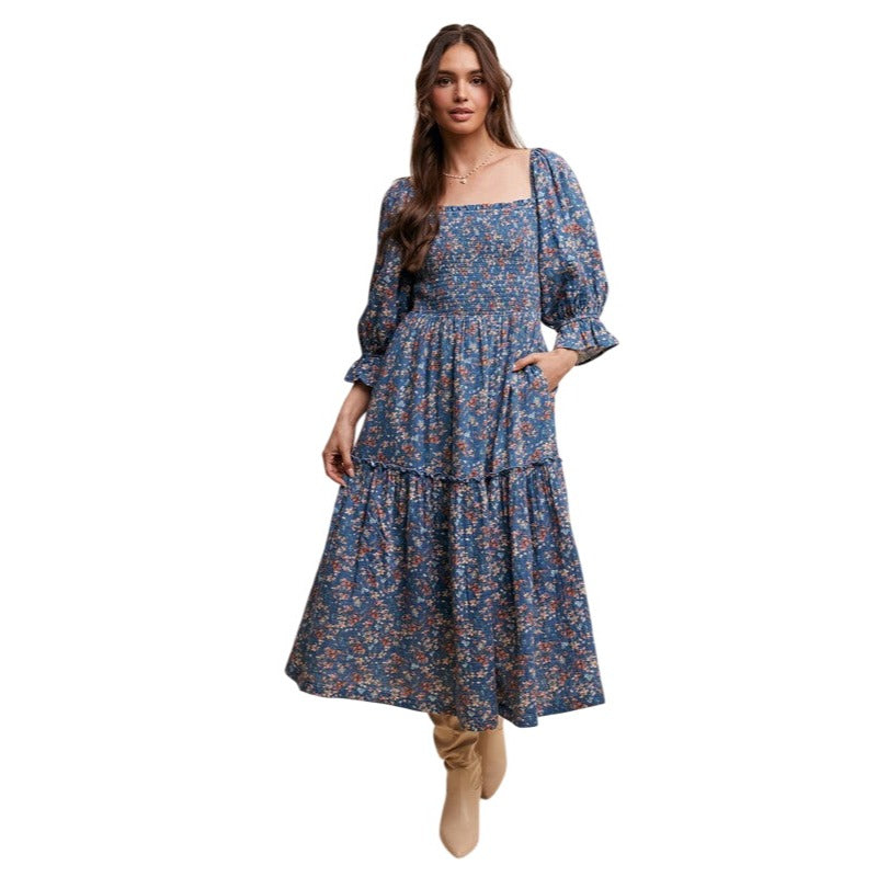 Listicle Floral Tiered Teal or Rust Midi Dress LD1477