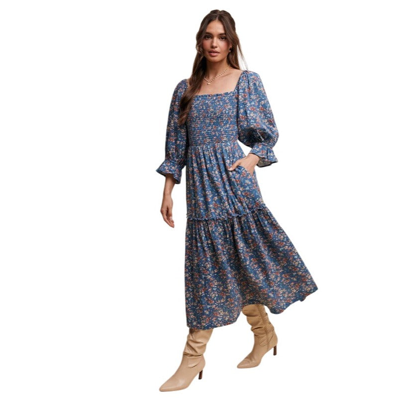 Listicle Floral Tiered Teal or Rust Midi Dress LD1477