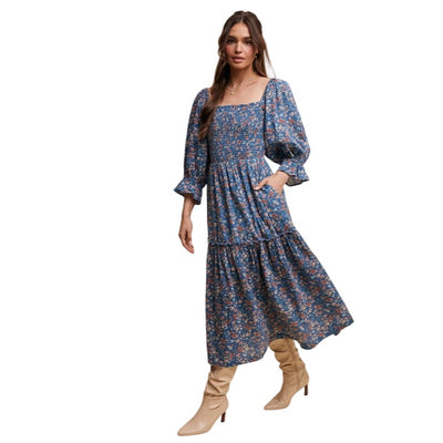 Listicle Floral Tiered Teal or Rust Midi Dress LD1477