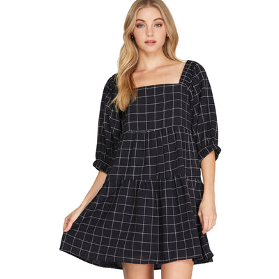 SHE + SKY Black Checkered Tiered Mini Dress with Back Tie SS9795
