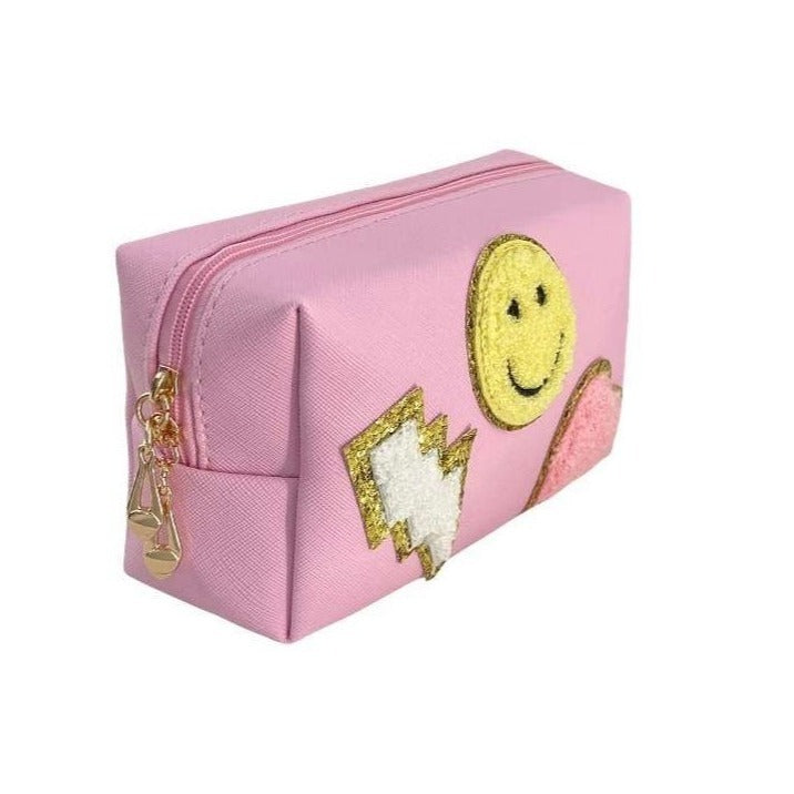 Zenana Black Preppy Happy Face Patch Makeup Cosmetic Bag U-220