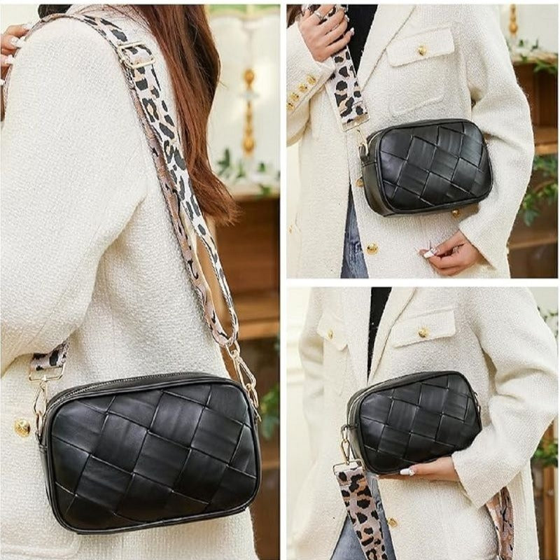 Black Leather Crossbody Shoulder Bag with Leopard Print Strap U-234