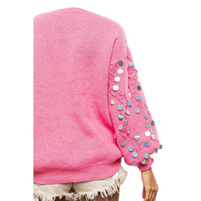 BiBi Pink Distressed Bishop Sleeve Spangled Sweater IP8581J
