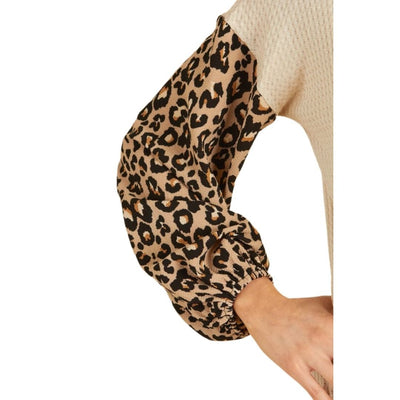 P. S KATE Beige Long Sleeve Top with Cheetah Print Color Block Sleeves 11178