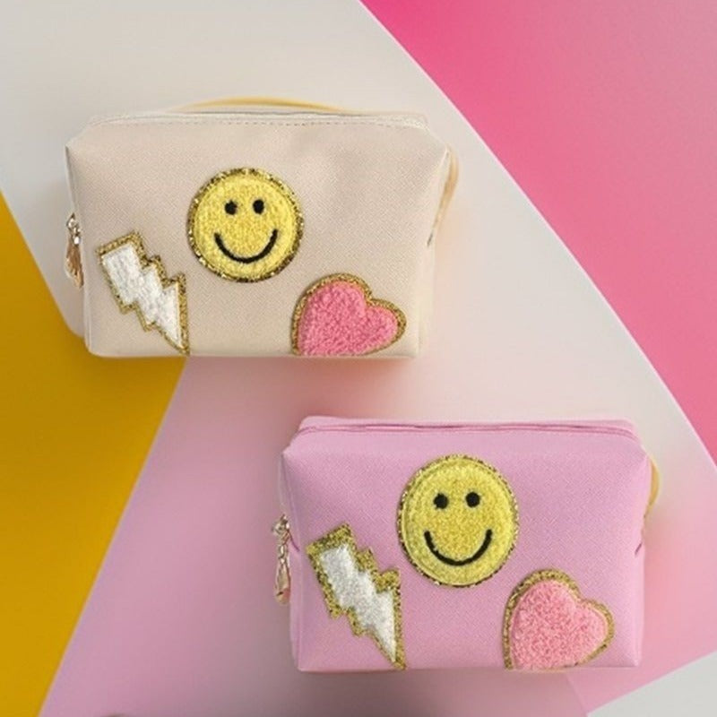 Zenana Ivory Preppy Happy Face Patch Makeup Cosmetic Bag U-220