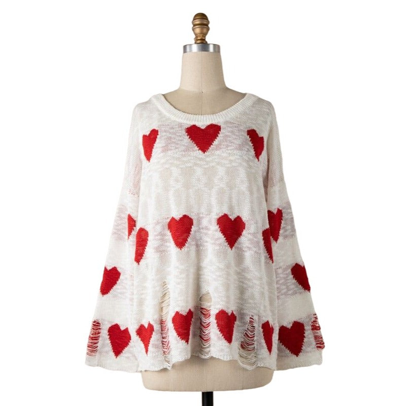 Miracle White Long Sleeve Distressed Heart Sweater W1204-WHITE