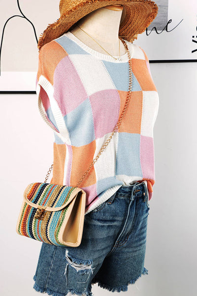 Color Block Cap Sleeve Sweater Vest Top P3014