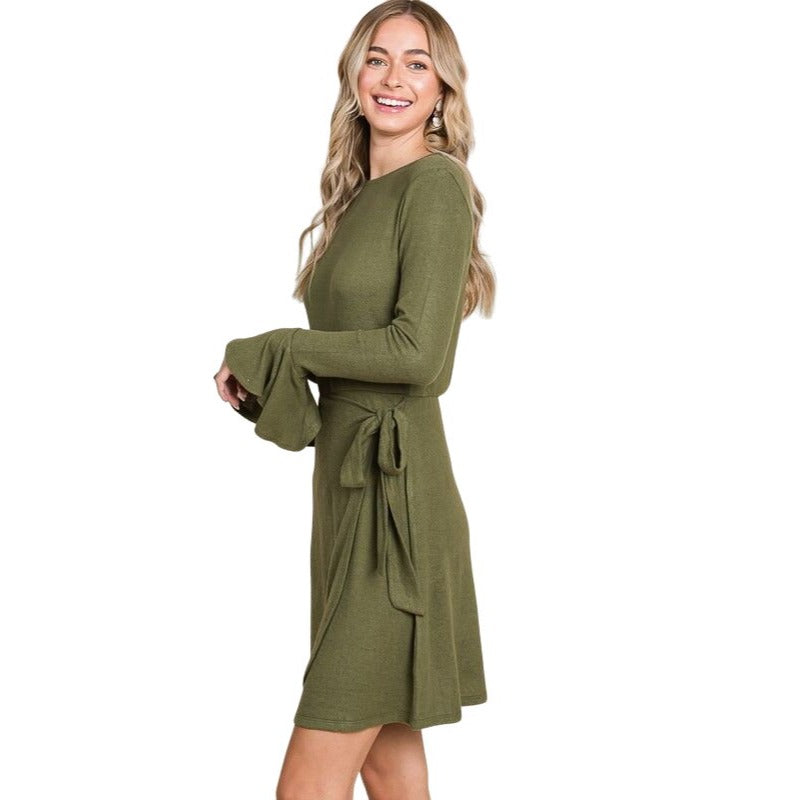 Culture Code Olive Green Ruffle Long Sleeve Wrap Tie Dress CHD1390L