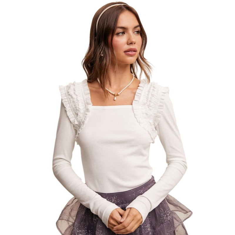 Listicle Square Neck Long Sleeve Ruffle Accent Top Cream or Dusty Rose Blouse LT1361