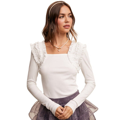 Listicle Square Neck Long Sleeve Ruffle Accent Top Cream or Dusty Rose Blouse LT1361